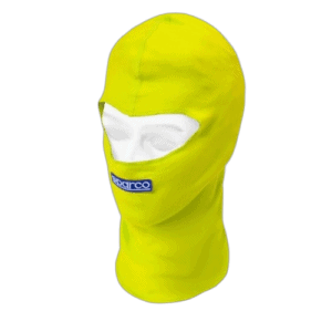 Bright yellow Grand Prix racing balaclava with white eye opening and Sparco logo, designed for motorsport safety and comfort.