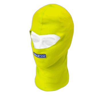 Bright yellow Grand Prix racing balaclava with white eye opening and Sparco logo, designed for motorsport safety and comfort.