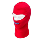 Red racing balaclava with white eye opening and Sparco logo, designed for motorsport safety and comfort.