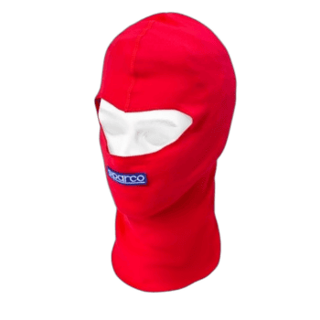 Red racing balaclava with white eye opening and Sparco logo, designed for motorsport safety and comfort.