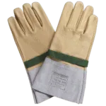 Pair of beige safety overgloves with green wrist strap, designed for industrial protection and safety.