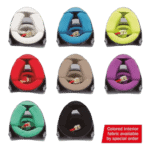 Collection of colourful racing car seats in white, blue, yellow, red, beige, purple, green, and black for motorsport safety and comfort.