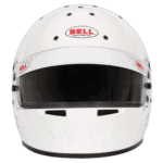 Bell racing helmet in white with black visor, designed for motorsport safety and performance.