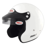 Bell MG-1 open-face racing helmet in white with black visor for motorsport safety and performance.