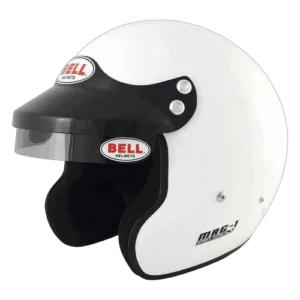 Bell MG-1 open-face racing helmet in white with black visor for motorsport safety and performance.