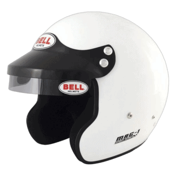 Bell MG-1 open-face racing helmet in white with black visor for motorsport safety and performance.