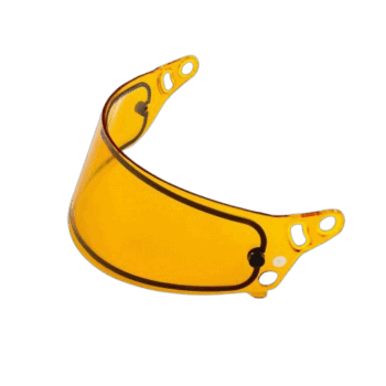 Yellow racing helmet visor for motorsport safety and protection, featuring a clear, tinted shield with ventilation holes.