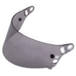 Close-up of a grey motorcycle helmet visor with ventilation holes, designed for racing safety and performance.