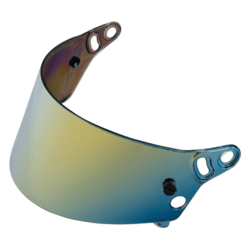 High-performance motorcycle visor with reflective coating, designed for racing helmets, offering UV protection and enhanced visibility.