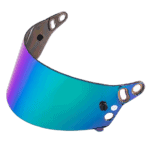 High-performance racing helmet visor with reflective blue and purple finish, designed for Grand Prix racewear and motorsport safety.