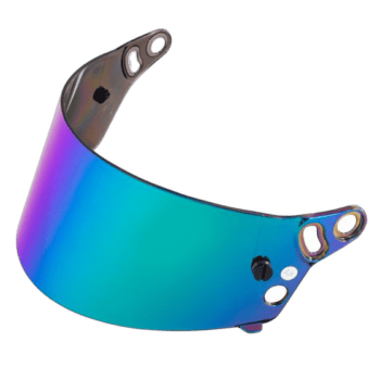 High-performance racing helmet visor with reflective blue and purple finish, designed for Grand Prix racewear and motorsport safety.