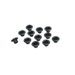 Set of black rubber grommets for racewear or automotive use, small and round with a central hole.