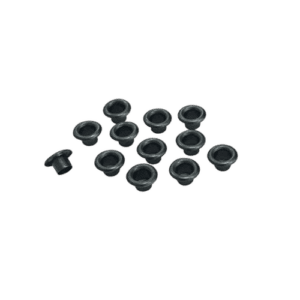 Set of black rubber grommets for racewear or automotive use, small and round with a central hole.