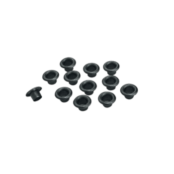 Set of black rubber grommets for racewear or automotive use, small and round with a central hole.