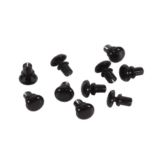 Set of black push pins or fasteners, used for securing items or decorations, on a plain background.