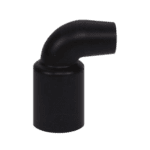 Black rubber elbow pipe fitting, used in racing car exhaust systems, on a plain background.