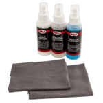 Bell helmet cleaning kit with spray bottles and cleaning cloths for motorcycle helmets.