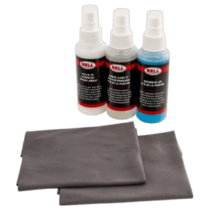 Bell helmet cleaning kit with spray bottles and cleaning cloths for motorcycle helmets.