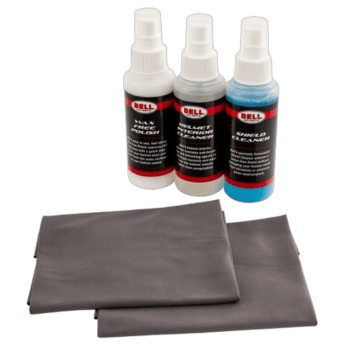 Bell helmet cleaning kit with spray bottles and cleaning cloths for motorcycle helmets.