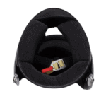 Black racing helmet with interior padding and adjustable strap, designed for motorsport safety and comfort.
