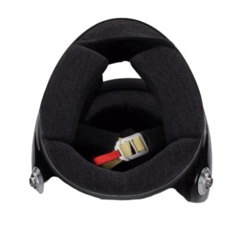 Black racing helmet with interior padding and adjustable strap, designed for motorsport safety and comfort.