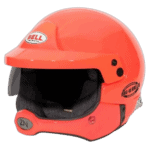 Orange Grand Prix racing helmet with Bell logo and M.G.-10 Rally branding, designed for motorsport safety and performance.