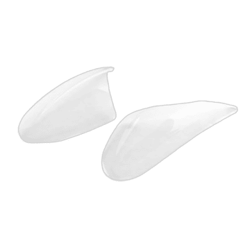 Pair of white racing shark fin spoilers for motorcycle or kart racing, designed for aerodynamic performance.