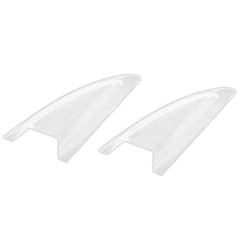 Pair of clear, aerodynamic racing car winglets designed for Grand Prix racewear, made from lightweight material for optimal performance.