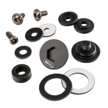 Set of Bell racing helmet accessories including screws, washers, and seals for Grand Prix racewear.