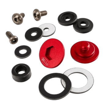 Set of racing helmet accessories including screws, washers, and red quick-release components for Grand Prix Racewear.