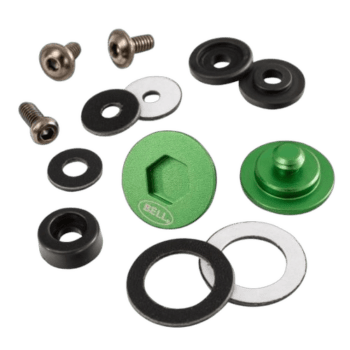 Set of racing helmet accessories including screws, washers, and green valve components for Grand Prix Racewear.