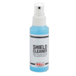 Bottle of Bell Shield Cleaner for motorcycle helmets, featuring a spray nozzle and label with product details.
