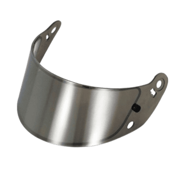 Close-up of a racing helmet visor, showcasing its reflective surface and mounting holes, used in motorsport safety gear.