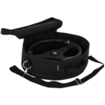 Black racing headset with microphone in a protective carrying case, designed for motorsport communication.
