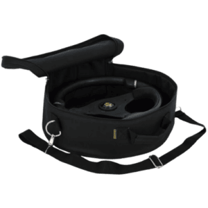Black racing headset with microphone in a protective carrying case, designed for motorsport communication.