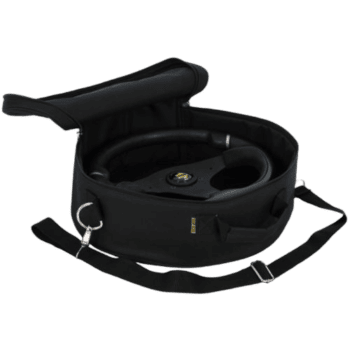 Black racing headset with microphone in a protective carrying case, designed for motorsport communication.