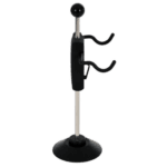 Race car steering wheel stand with adjustable hooks for racing simulation setups.