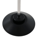 Close-up of a black racing helmet stand with a silver pole, used for displaying Grand Prix Racewear helmets.