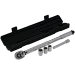 Ratchet wrench set with sockets and extension bar for automotive and mechanical work, stored in a black plastic case.
