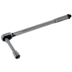 Silver ratchet wrench with a long handle and a socket attachment, used for automotive and mechanical work.