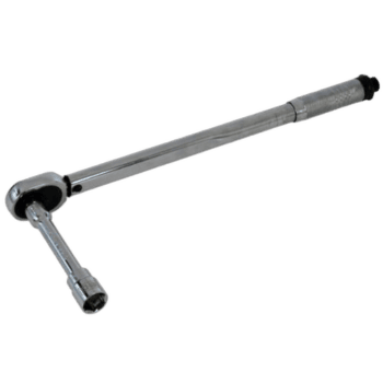 Silver ratchet wrench with a long handle and a socket attachment, used for automotive and mechanical work.