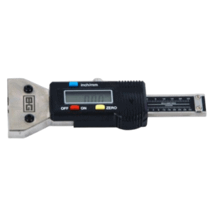 Digital caliper for precise measurement of racewear fabric and materials at Grand Prix Racewear.
