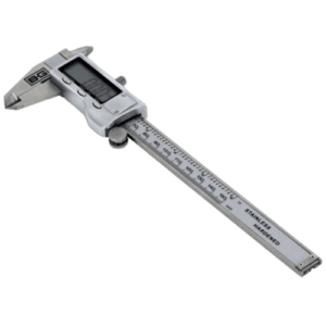 Digital caliper measuring tool in stainless steel for precise measurements, ideal for engineering and manufacturing applications.