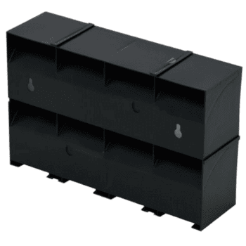 Black plastic storage cabinet with multiple compartments for organising racing gear and accessories.
