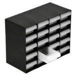 Black storage cabinet with multiple small drawers and a white drawer at the bottom, used for organising small parts or tools.