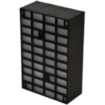 Black plastic storage organiser with multiple small compartments for tools or accessories, ideal for racing gear storage.