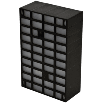 Black plastic storage organiser with multiple small compartments for tools or accessories, ideal for racing gear storage.