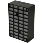 Black plastic storage cabinet with multiple small drawers, ideal for organising tools or accessories.