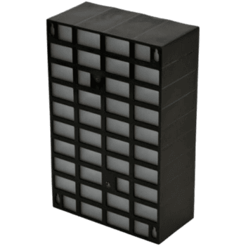 Black plastic storage cabinet with multiple small drawers, ideal for organising tools or accessories.