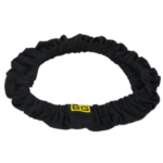 Black racing helmet chin strap with yellow BG logo for Grand Prix Racewear, designed for motorsport safety and comfort.